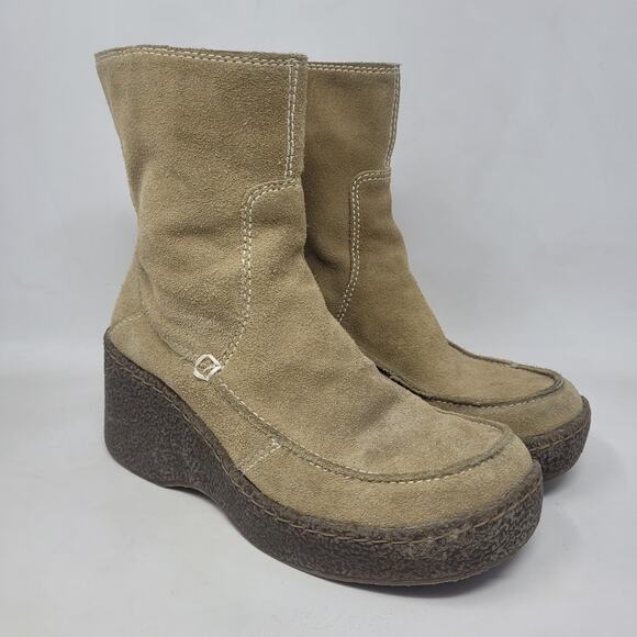 Vintage Bongo Boots 8 Tan Brown Suede Platform Wedge 90s Y2K Retro Chunky Ankle - Picture 1 of 12